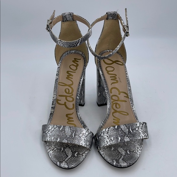Sam Edelman Yaro Heel Silver Snake Print Leather Ankle Strap Open Toe Sandal 8.5 - Picture 2 of 9